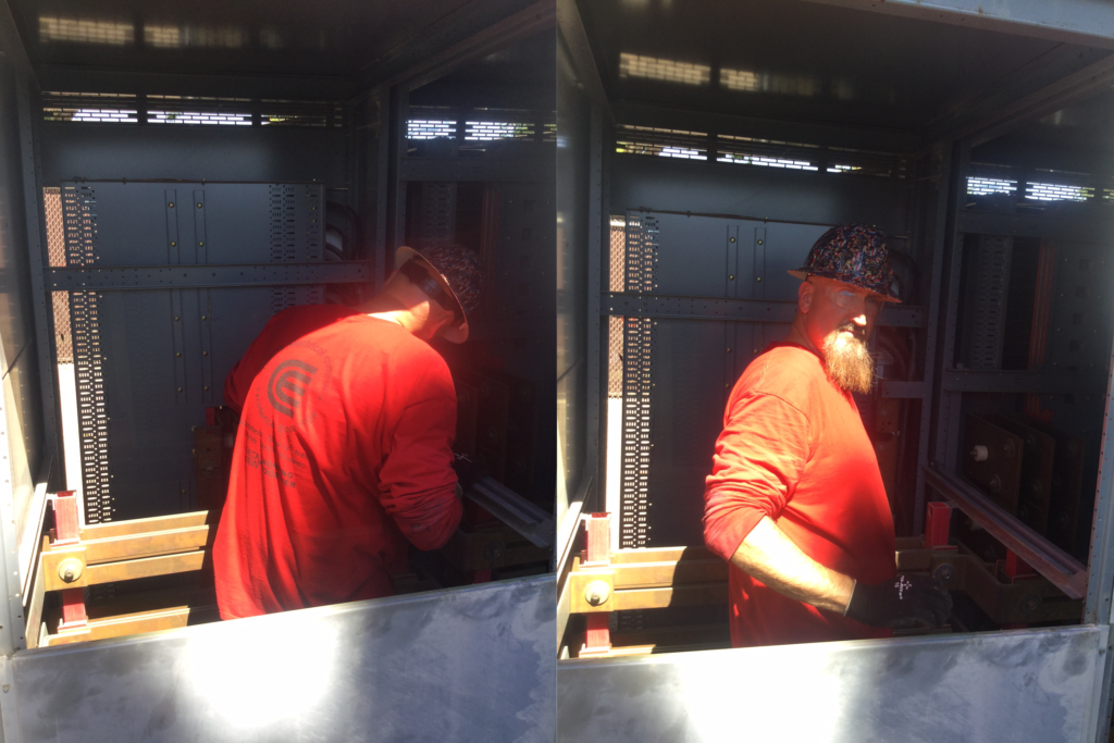 Brian Dow, Metro Foreman, inside a 4,000 amp switch gear doing his interconnection from our Solar to the utility. And yes the power is off.